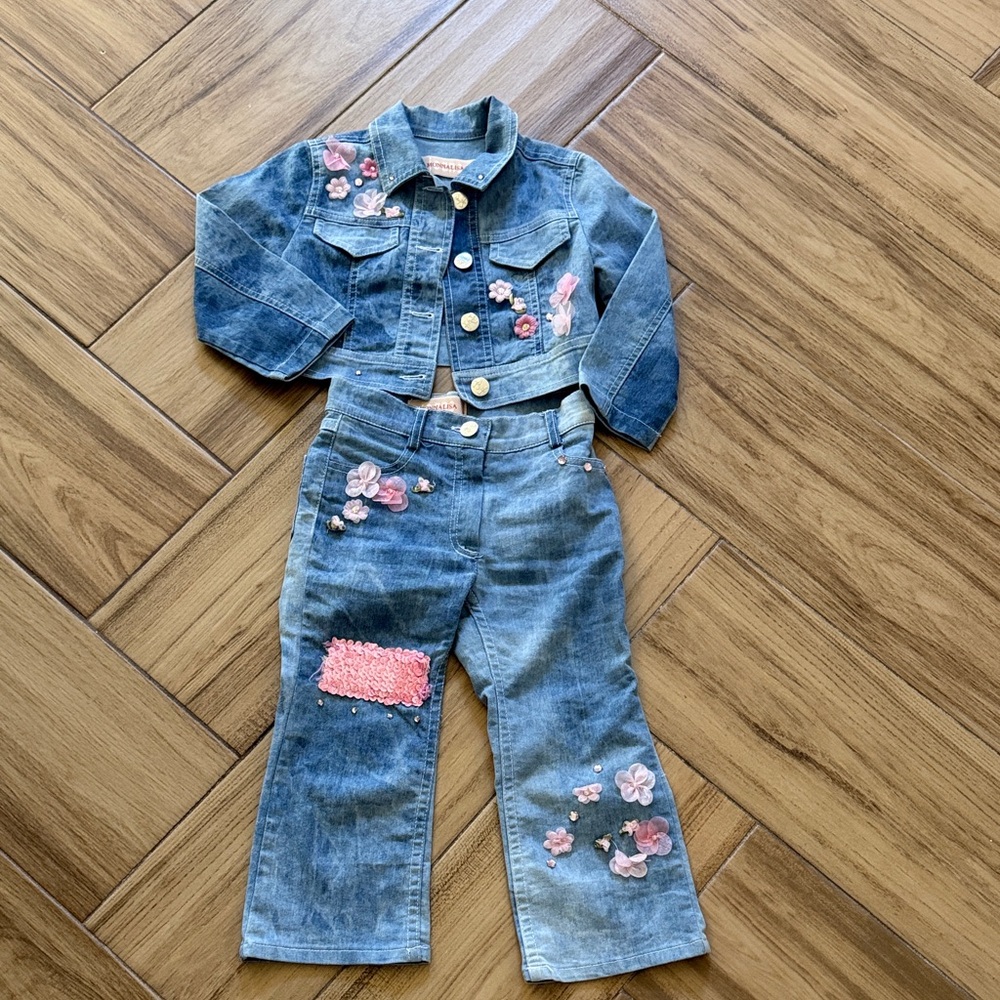 Monnalisa 2 yo Floral Embroidered Denim Jacket and Pants Set